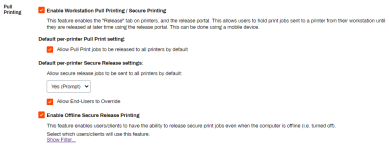 Pull Printing section showing the different Pull and Secure print settings and options. 